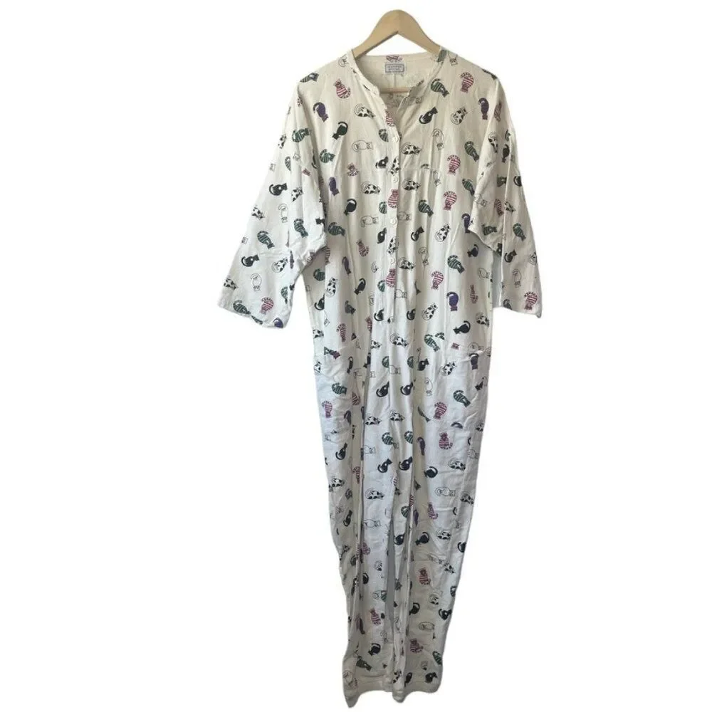 Jennifer Moore Off‎ White Cotton Flannel Cat Print Onesie Sz M